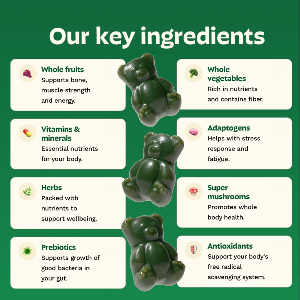 Gruns Adult Super Greens Multivitamin Gummies, Superfood Gummy Vitamins for Women and Men with Spirulina, Chlorella, Adaptogens & Prebiotic Fiber for Digestive Health (28 Count) Grüns buy supplements Au