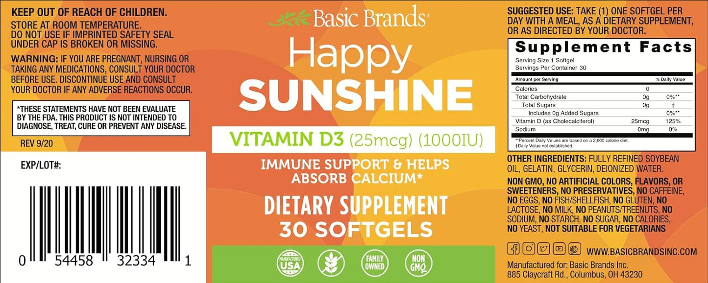 Basic Brands Happy Sunshine Vitamin D3 1000 IU | Immune & Bone Health, Muscle Function, Vitamin D3 25 mcg (1,000 IU), Gluten-Free, Non-GMO, 30 Softgels