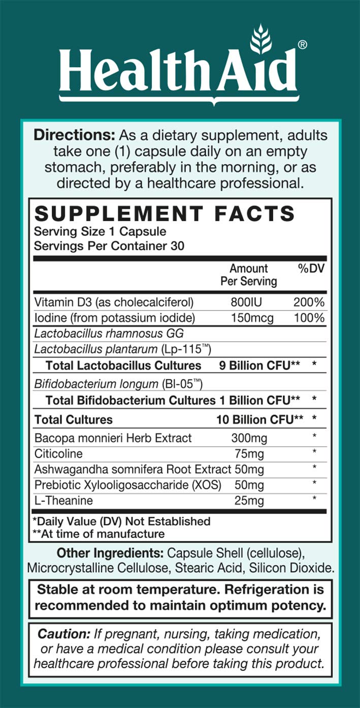 FocusProbio for Adults – 10 Billion CFU Probiotic with Prebiotic, Bacopa, Citicoline, L‑Theanine, Ashwagandha & Vitamin D₃ | Supports Focus, Mood & Gut-Brain Balance – Vegetarian, Once Daily HealthAid buy supplements Au