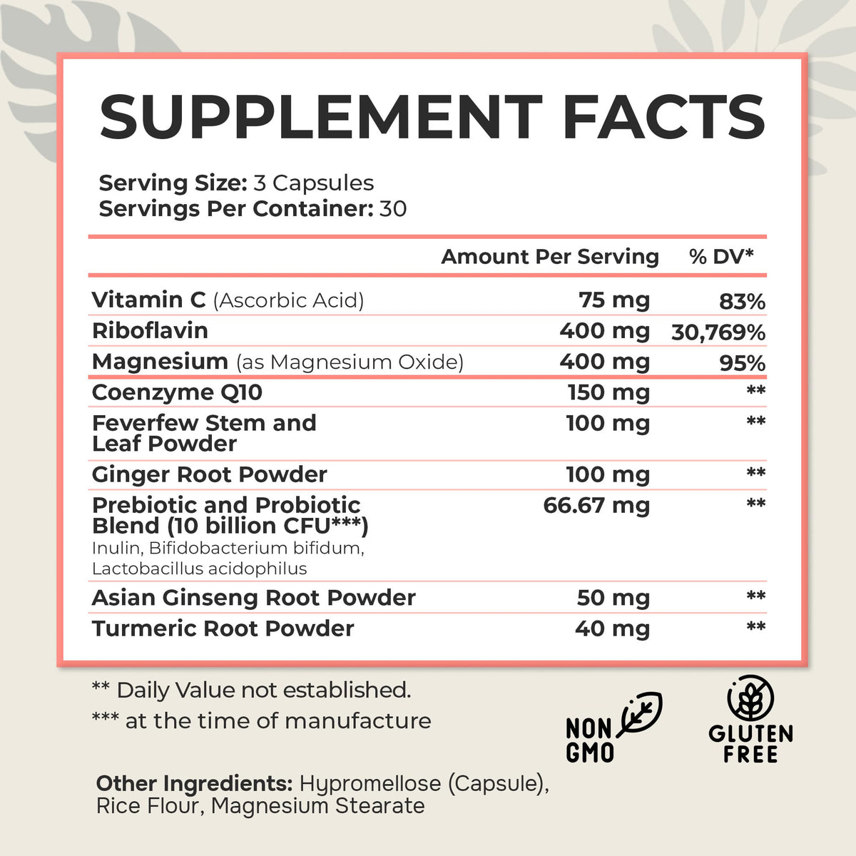 Dr. Munnerlyn MigraPro with Probiotics, Brain and Gut Health Support Supplement with Magnesium, Riboflavin, CoQ10, Ginger Root, Asian Ginseng, Vitamin C, Feverfew & Turmeric, Gluten Free, 90 Capsules Dr. MunnerlynBuy Supplements Australia