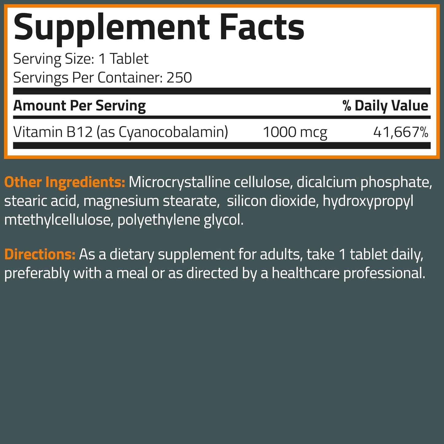 Bronson Vitamin B12 1000mcg Once Daily Formula Non-GMO, 250 Vegetarian Tablets