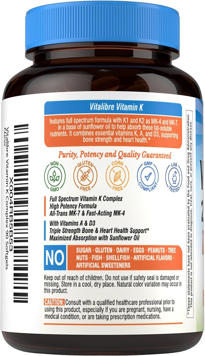 Vitalibre Vitamin K Complex 2600 mcg with Vitamin A & D3 5000 IU | Bioavailable K2 D3 Vitamin Supplement, Full Spectrum, for Bone Strength and Heart Health, 90 Softgels