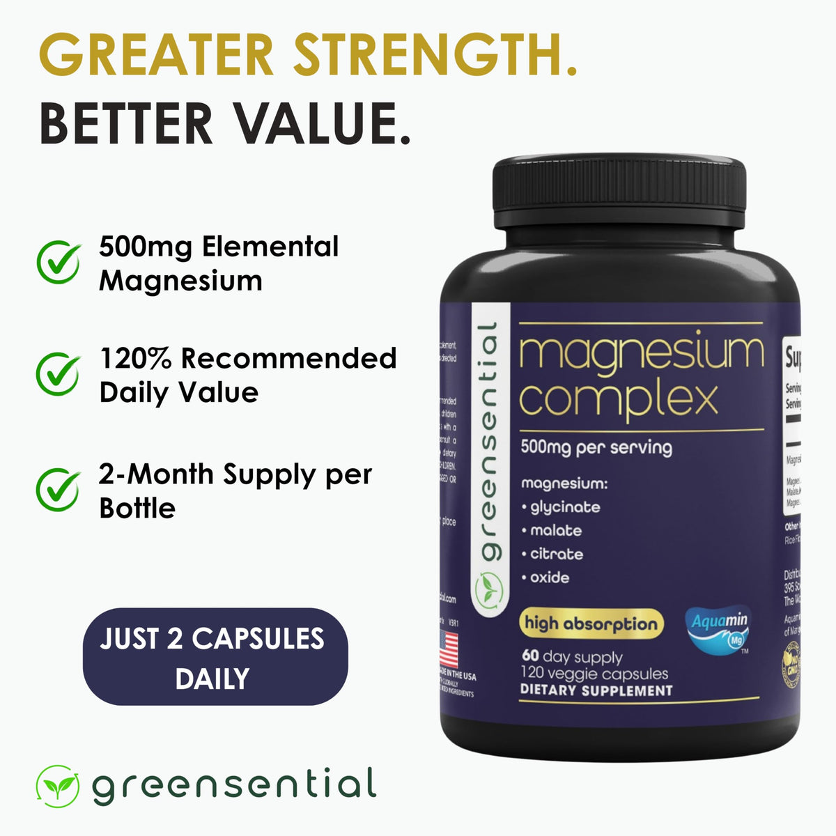 Greensential 5-in-1 Magnesium Complex 500mg | Glycinate, Malate, Citrate, Oxide & Aquamin® | for Sleep, Muscle & Heart Support | High Absorption, Vegan, 120 Capsules Greensential buy supplements Au