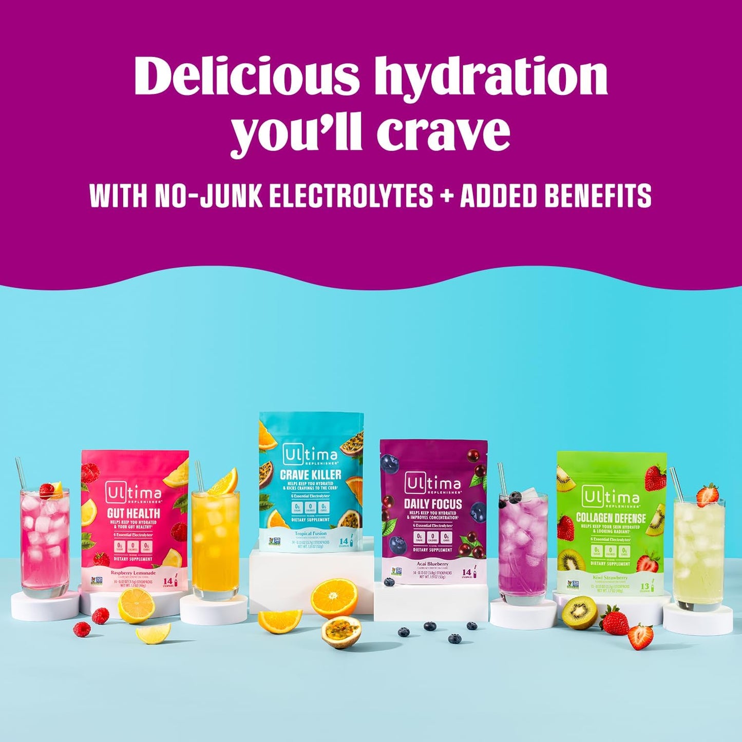 Ultima Replenisher Gut Health Supplement, Raspberry Lemonade, 14 Stickpacks | Daily Zero Sugar Electrolyte Powder Hydration Packets with 6 Key Electrolytes, Prebiotics & Probiotics for Gut Health Support