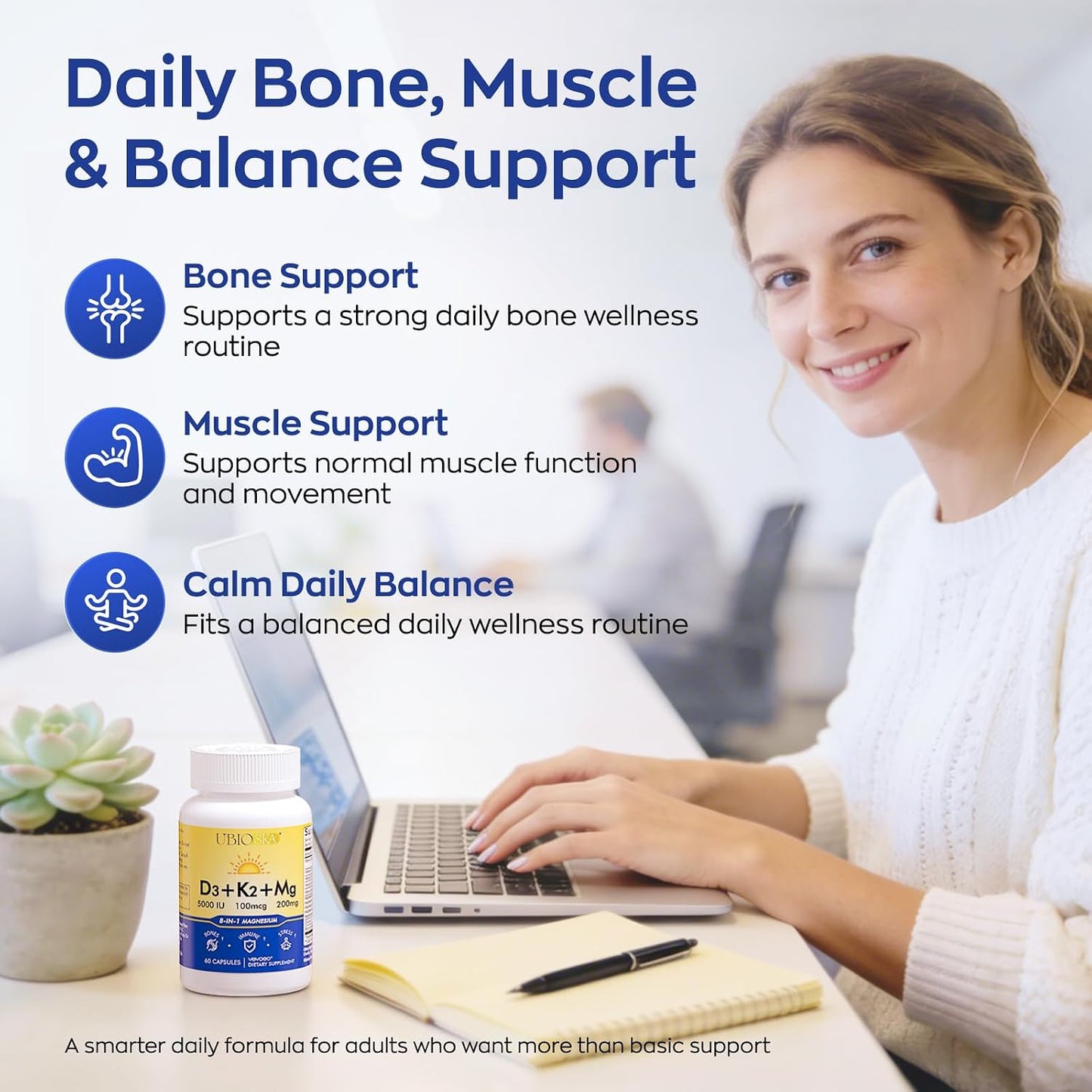 UBIOSKA Vitamin D3 K2 Magnesium, 5000 IU D3, K2 as MK-7, 60 Capsules | 8-form magnesium with glycinate, taurate and malate, plus B vitamins and zinc for daily bone, muscle and immune support