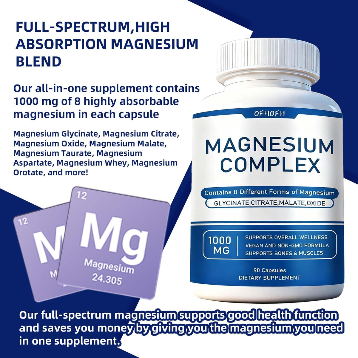Magnesium Complex Supplement 8 Elemental - Magnesium Glycinate, Citrate, Malate, Oxide | Easy Absorption for Bones, Muscle, Energy, Vegan, Non-GMO 90 Capsules (1pc) OFHOFH buy supplements Au