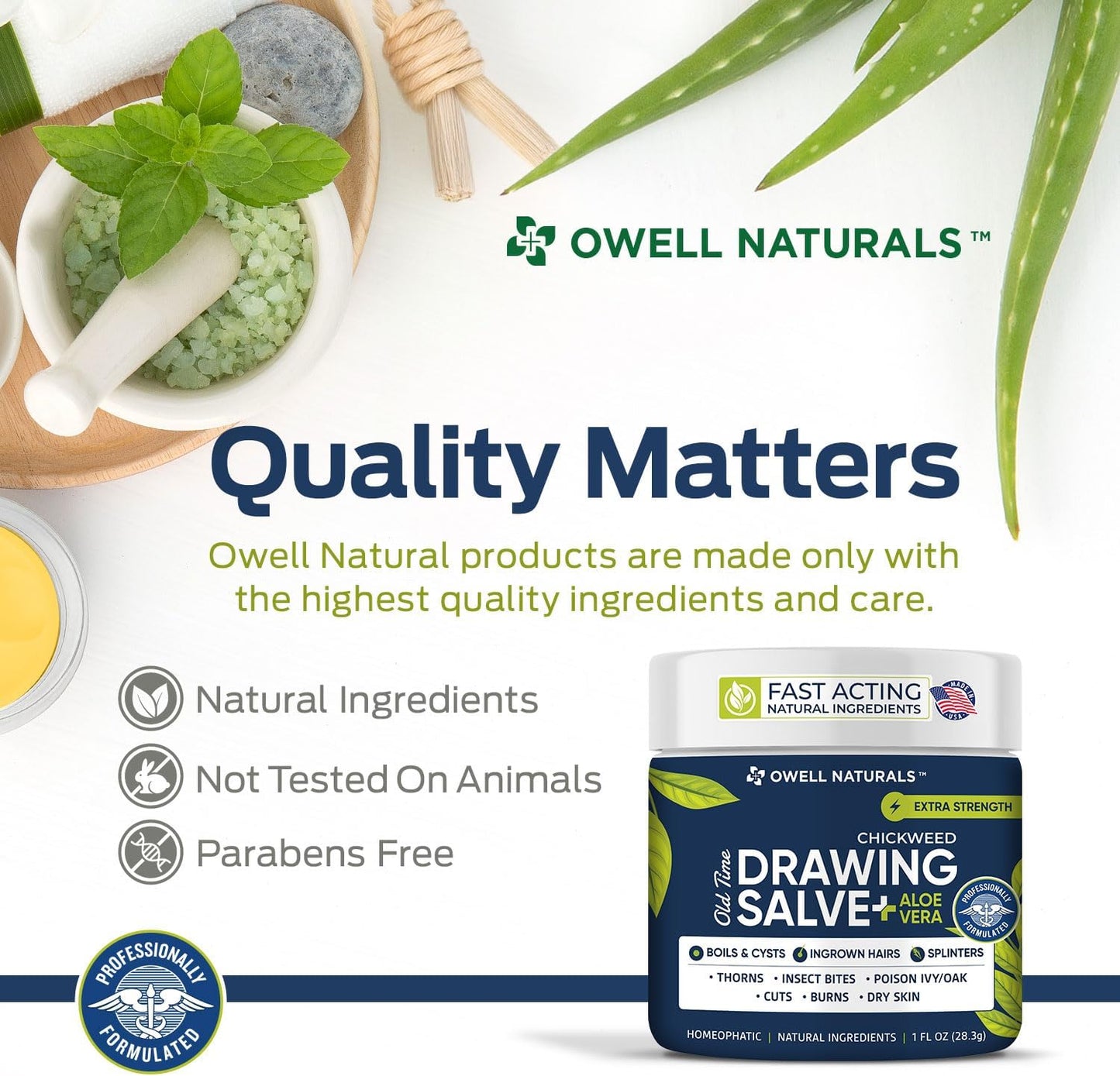 Owell naturals Chickweed Drawing Salve with Aloe Vera for boils, Cyst, Splinters, Poison Ivy/Oak, Skin Disorder, Irritations, Burns, Minor Cuts, Dry Skin, Itching