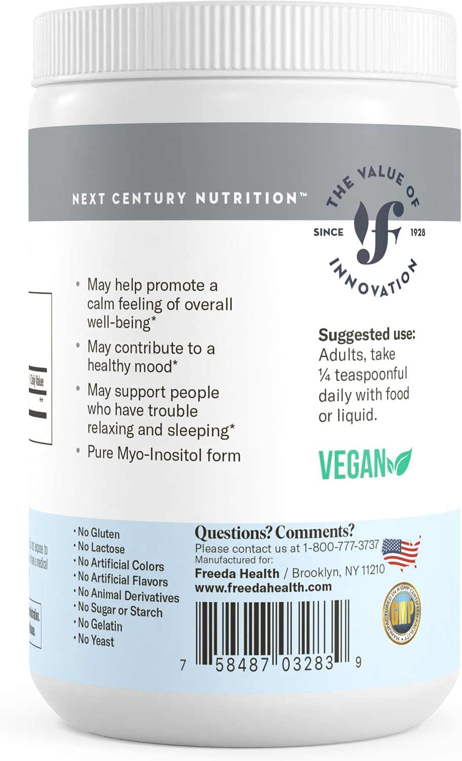 FREEDA Pure Myo-Inositol Powder – Vitamin B8 for Hormone, Mood & Cellular Health – Supports Fertility, Focus, Energy & Nervous System Function – Kosher, Vegan, Non-GMO, Gluten-Free (16 oz) | One-Ingredient Formula with No Fillers, Sweeteners, or Additives