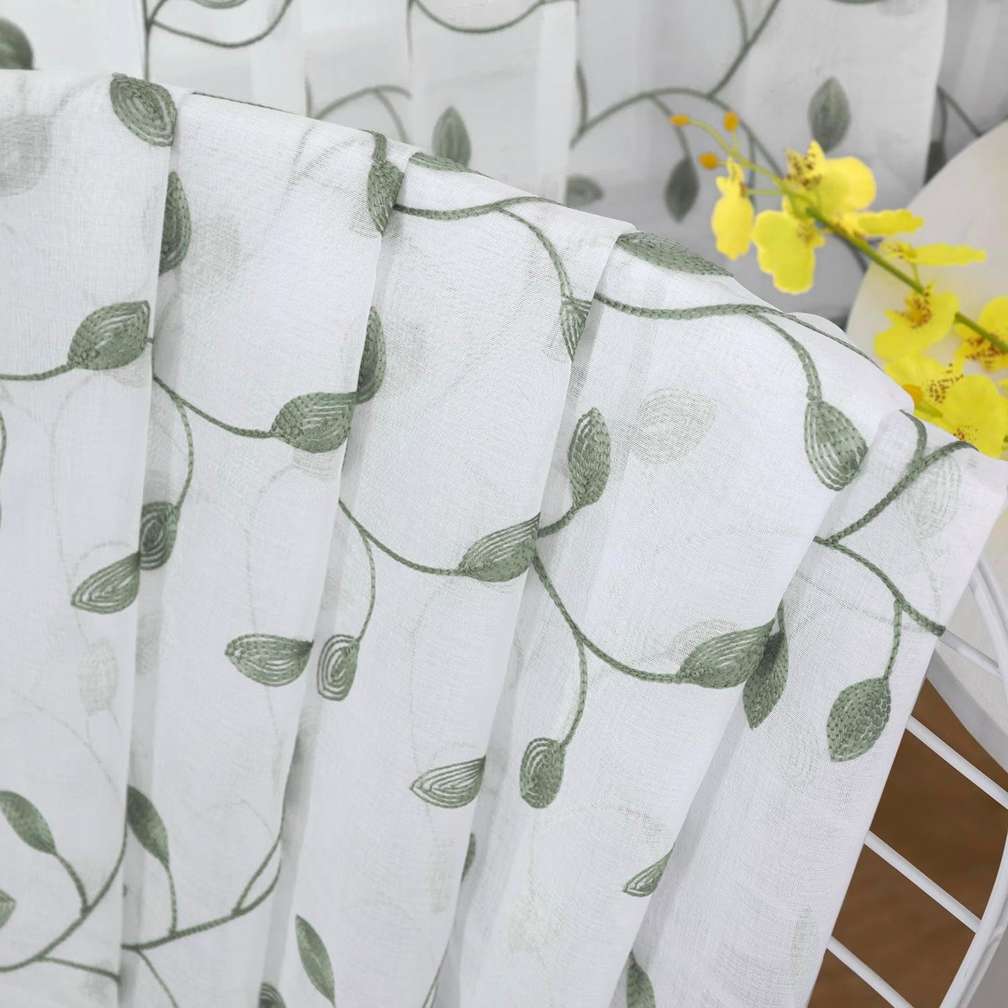 Tollpiz Leaves Short Sheer Curtains Sage Green Leaf Embroidery Bedroom Curtain Rod Pocket Voile Faux Linen Embroidered