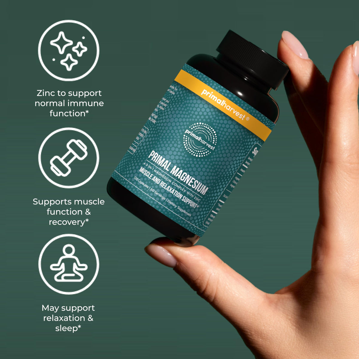 Magnesium Supplement Complex 310mg by Primal Harvest with Magnesium Glycinate, Citrate, Malate, and Zinc 120 Capsules Primal Harvest buy supplements Au