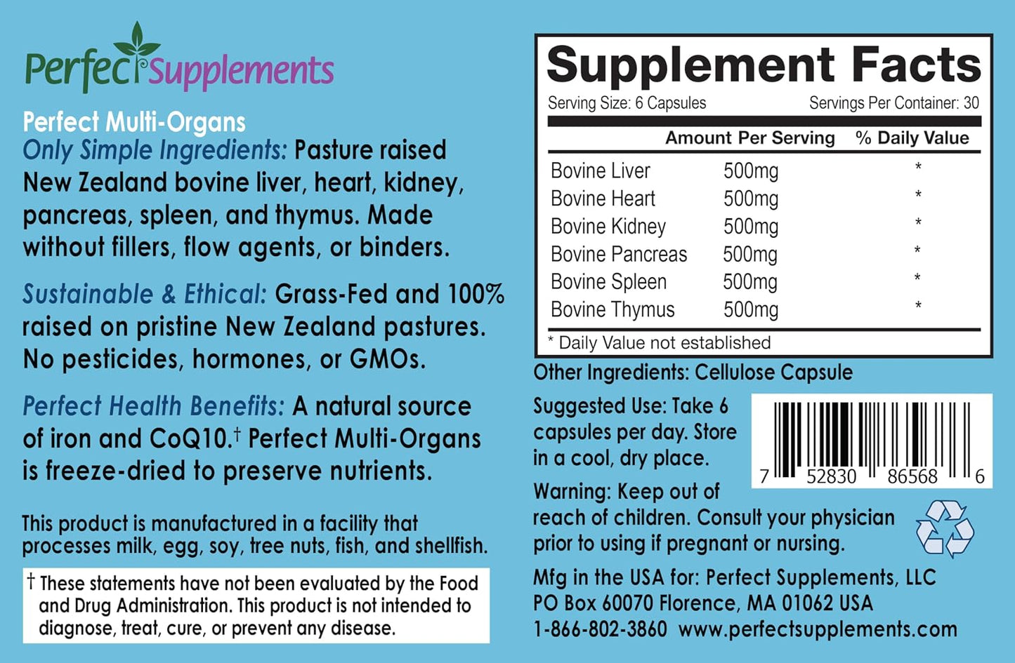 Perfect Supplements - Perfect Multi-Organs – A Blend of 6 Synergistic Glandulars – 100% Freeze Dried & Hormone Free – New Zealand Pasture Raised Whole Food Capsules