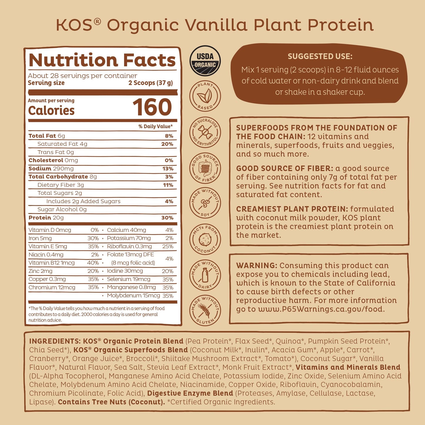 KOS Vegan Protein Powder Erythritol Free, Vanilla USDA Organic - Pea Protein Blend, Plant Based Superfood Rich in Vitamins & Minerals - Keto, Dairy Free - Meal Replacement for Women & Men, 28 Servings KOS buy supplements Au