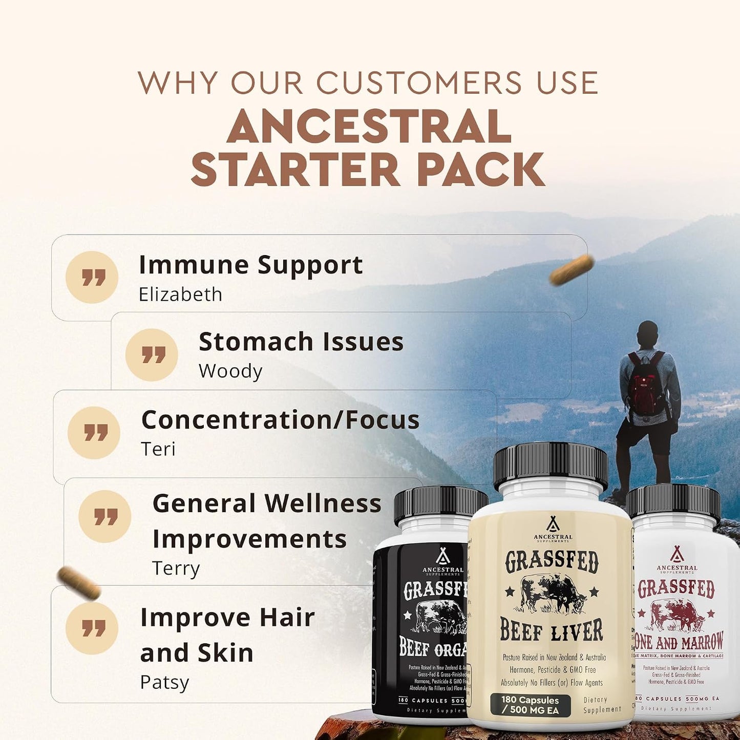 Ancestral Supplements Starter Pack, Grass Fed Beef Liver, Organ, Bone and Marrow Capsules, Non-GMO