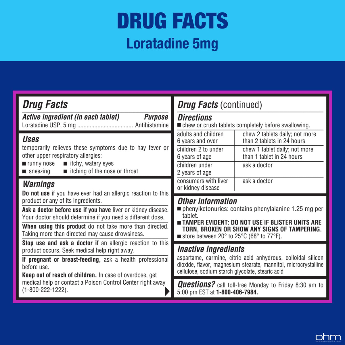 Ohm Children's Allergy Medicine, Loratadine 5mg, Chewable Tablets (30 Count) Bubblegum Flavor, Non-Drowsy Antihistamine, 24-Hour Allergy Relief for Runny Nose, Watery Eyes, Itchy Throat & Nose