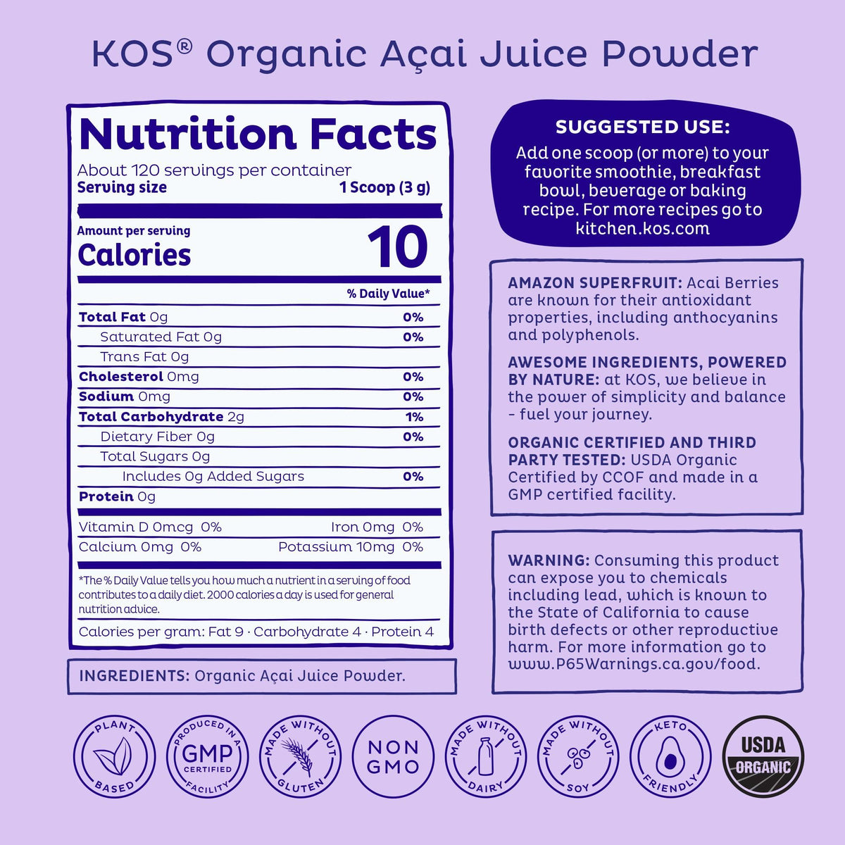 KOS Organic Acai Juice Powder - USDA Certified Organic, Plant Based Superfood Antioxidants, Superberry from Brazil, Great for Smoothies and Bowls, 0g Sugar, Vegan, Gluten-Free, Non-GMO - 120 Servings KOS buy supplements Au
