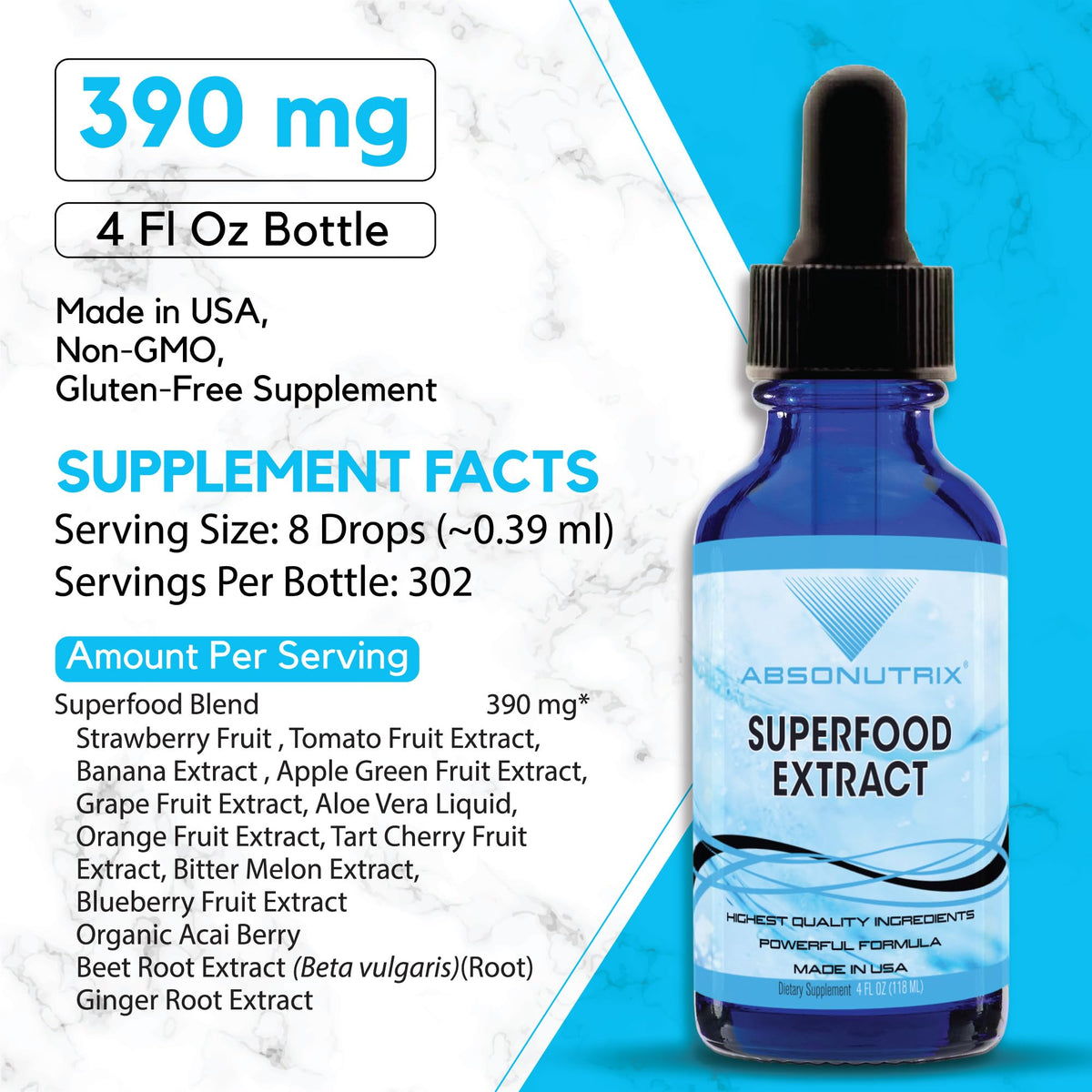 Absonutrix Superfood Extract 390 mg, 4 Oz Liquid, 302 Servings, Made in USA, Quick Absorption, Quality Potent Ingredients, Non-GMO, GMP Certified, Cruelty-Free Products Absonutrix buy supplements Au