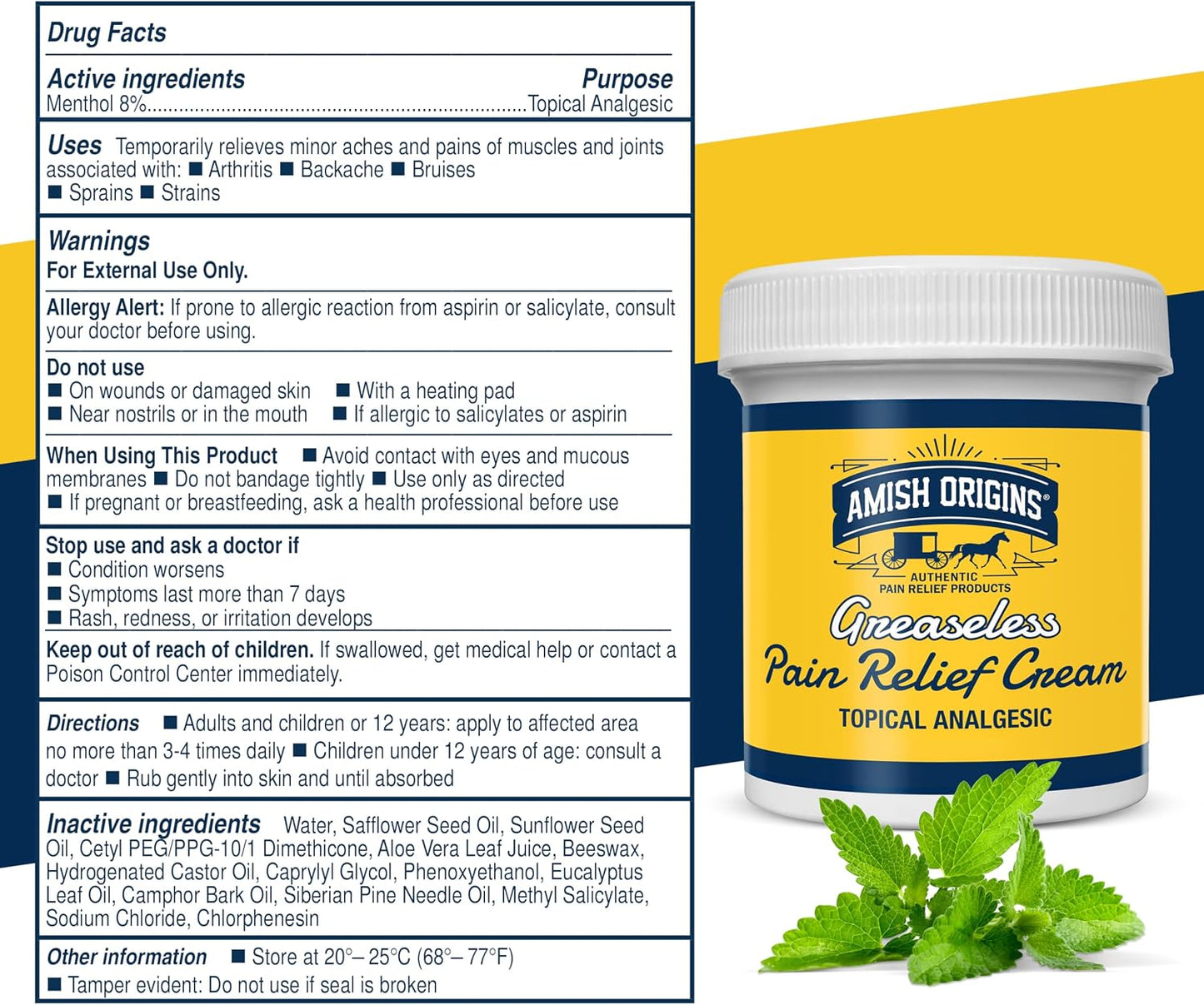 Amish Origins Pain Relief Cream, Maximum Strength Deep Penetrating for Joint, Muscle, Knee, Back, Feet, Hand, Ankle, Aches, 8 fl oz (Pack of 1)