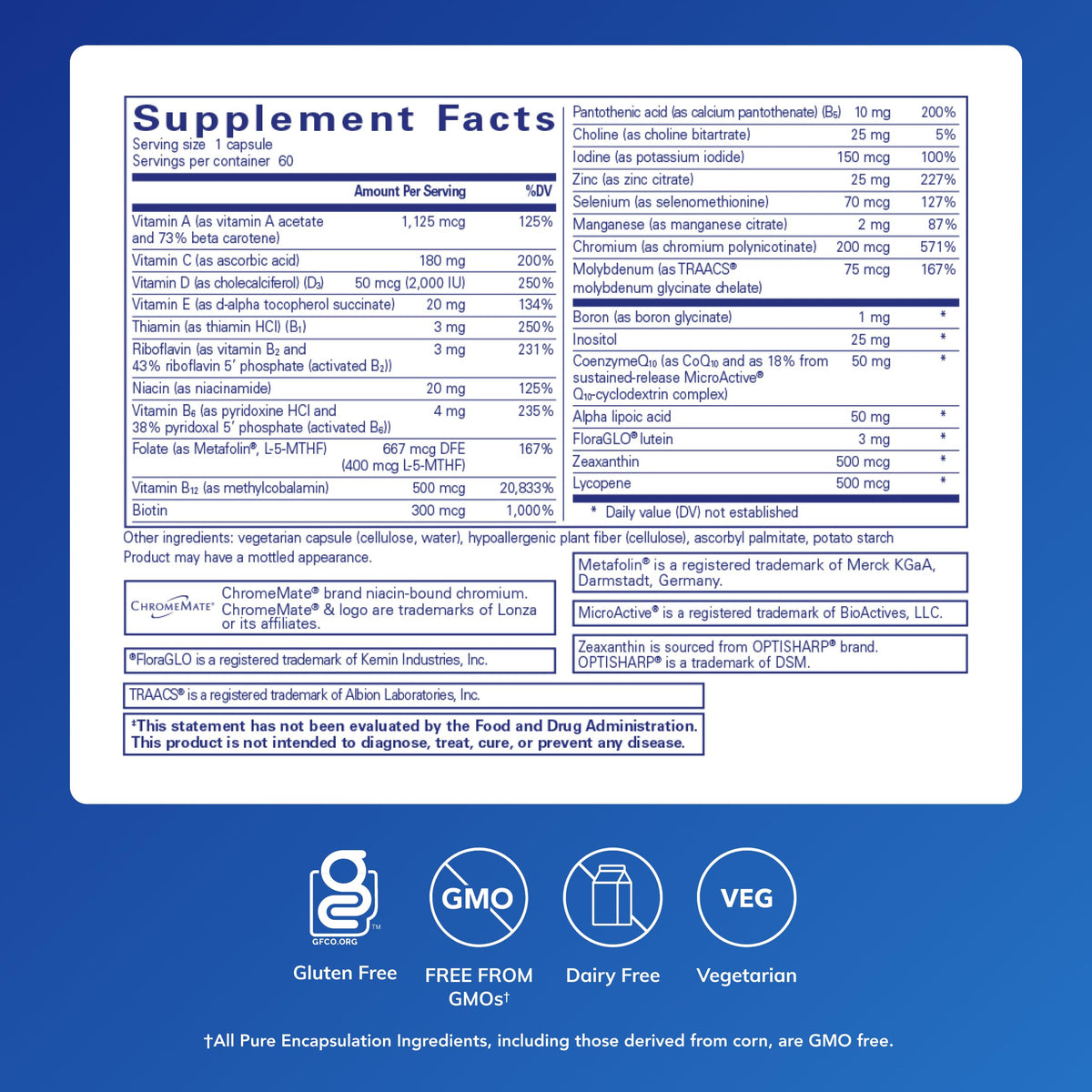 Pure Encapsulations O.N.E. Multivitamin - Once Daily Multivitamin with Antioxidant Complex Metafolin, CoQ10, and Lutein to Support Vision, Cognitive Function, and Cellular Health* - 60 Capsules Pure Encapsulations buy supplements Au