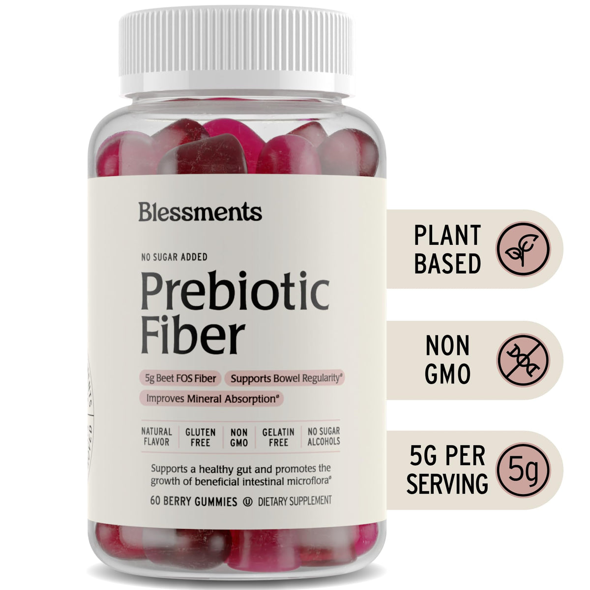 Blessments - Prebiotic Fiber Gummies for Adults & Kids with No Added Sugar- 5g (60 Count) High Fiber Supplement Gummies - Vegan - Keto Friendly - Digestive Health Supplements - PrimeBioHealth - canada supplements