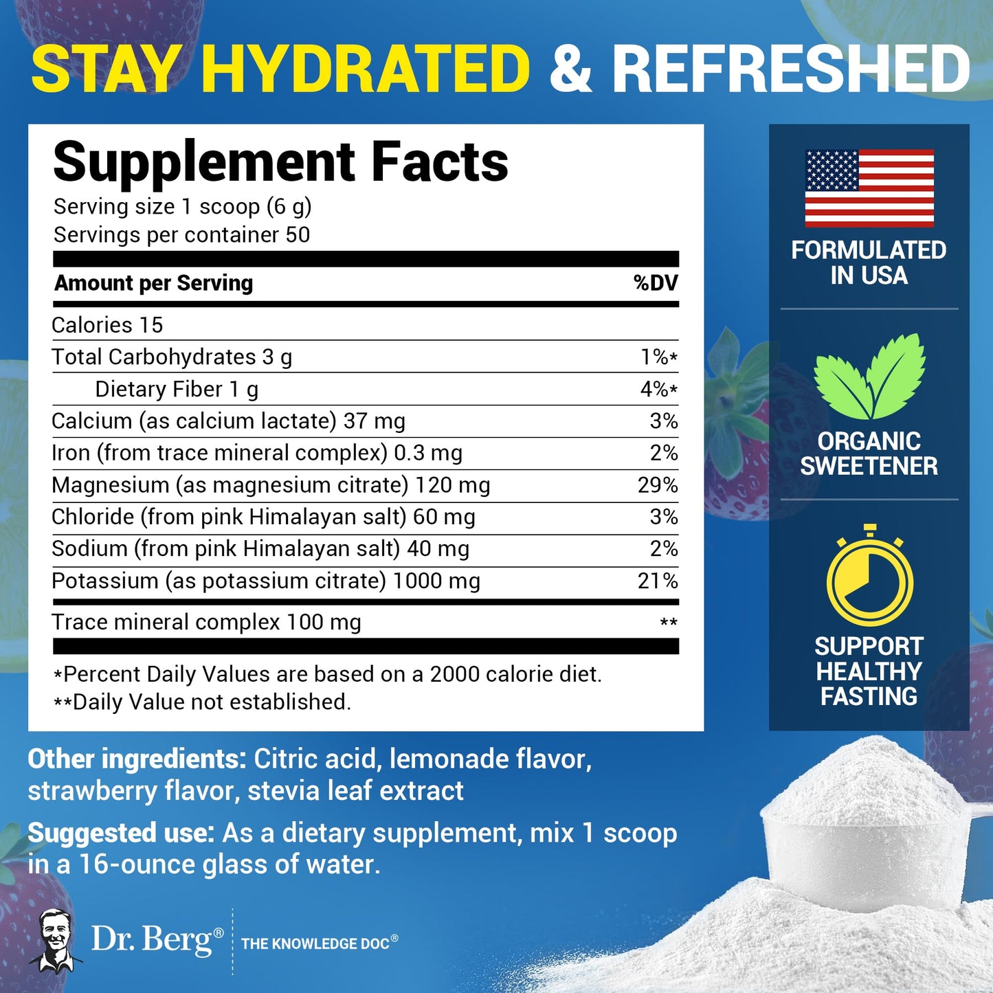Dr. Berg Zero Sugar Hydration Keto Electrolyte Powder - Enhanced w/ 1000 mg of Potassium & Real Pink Himalayan Salt (NOT Table Salt) - Strawberry Lemonade Hydration Drink Supplement - 50 Servings - PrimeBioHealth - canada supplements