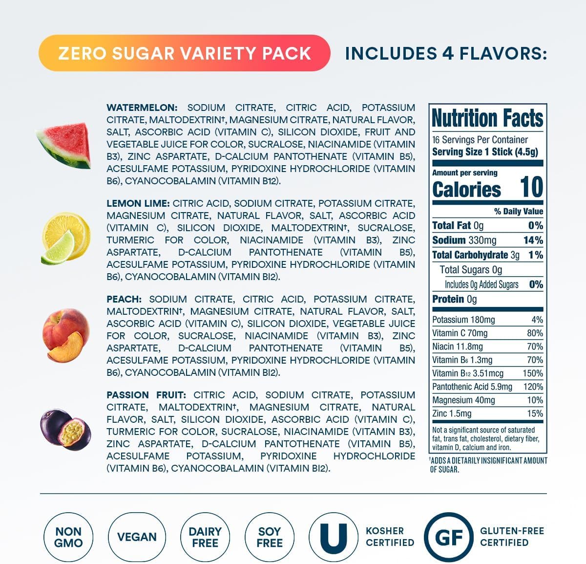 DripDrop Sugar Free Hydration Packets - Zero Classic Variety Pack - Single Serve Electrolytes Powder Drink Mix - Lemon Lime, Watermelon, Peach, Passion Fruit - PrimeBioHealth - canada supplements