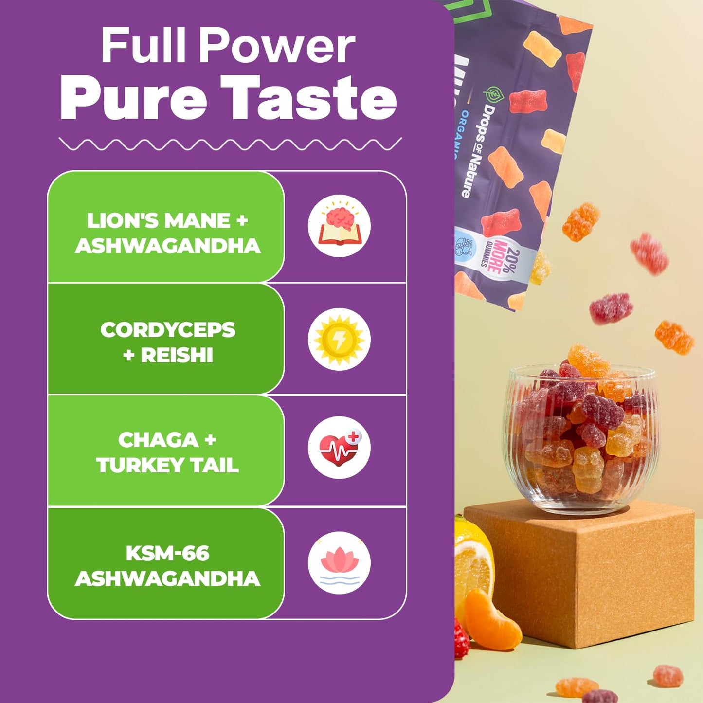 Drops Of Nature Lions Mane & Ashwagandha Gummies – Turkey Tail, Maitake, Reishi, Chaga, Shiitake, Cordyceps – Organic, Low Carb Superfood Gummies - PrimeBioHealth - canada supplements