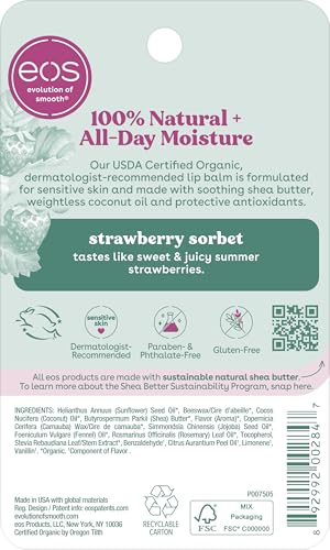 eos 100% Natural & Organic Lip Balm - Strawberry Sorbet, All-Day Moisture, Dermatologist Recommended for Sensitive Skin Care, Lip Care Products, 0.25 oz - PrimeBioHealth - canada supplements
