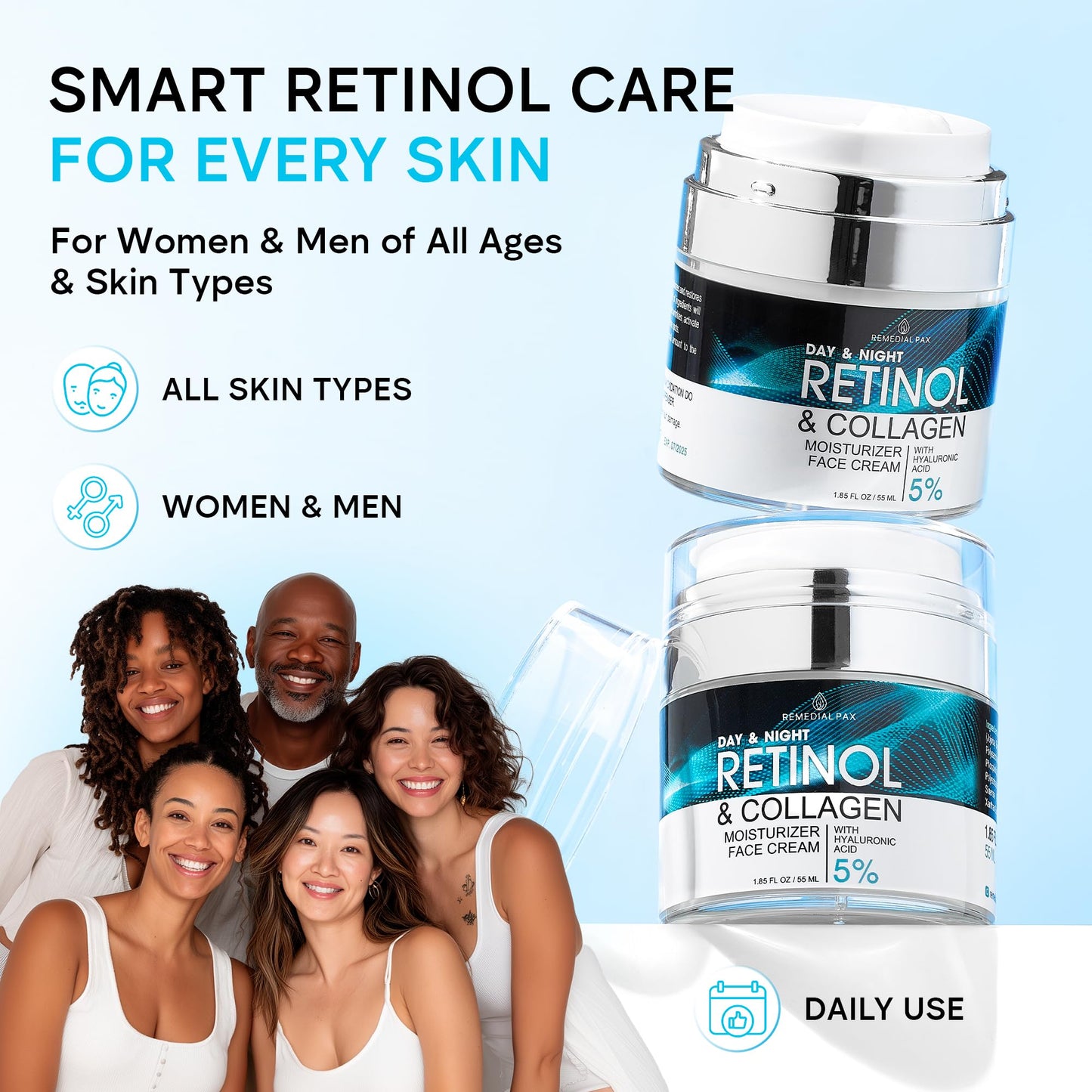 Face Moisturizer Retinol Cream, Anti Aging Neck Firming Cream, Collagen Day & Night Face Cream with Hyaluronic Acid for Women & Men, 1.85 Fl Oz - PrimeBioHealth - canada supplements