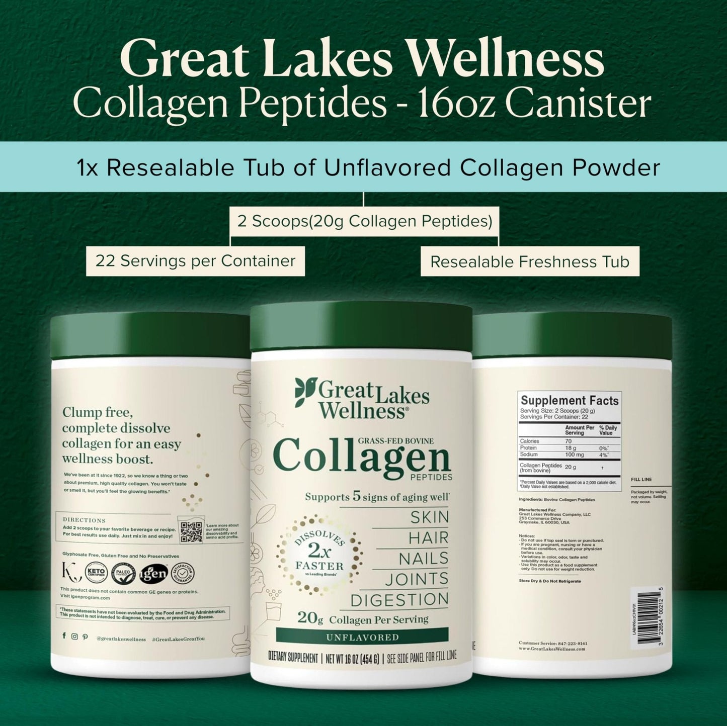 Great Lakes Wellness Collagen Peptides Powder – Supports Skin, Hair, Nails, Joints & Digestion – Hydrolyzed, Quick Dissolve - PrimeBioHealth - canada supplements