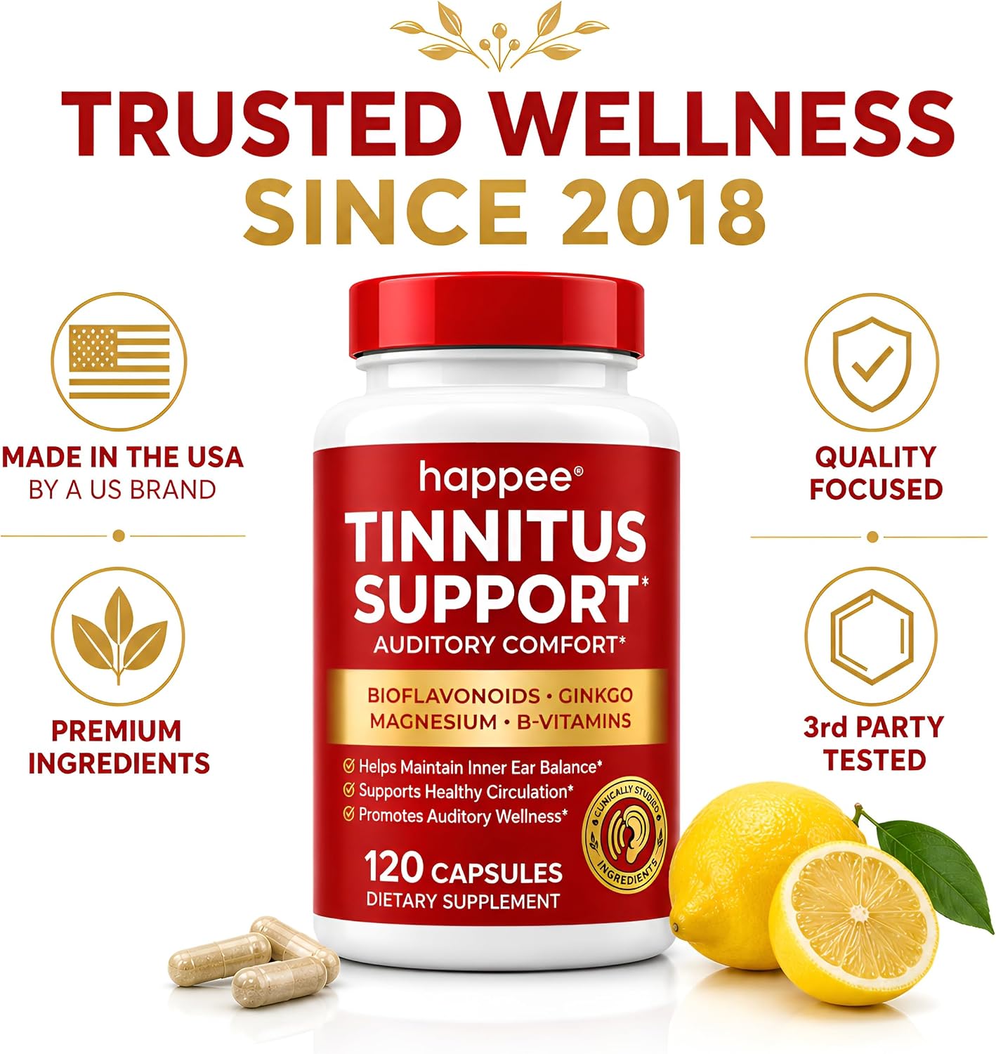 Happee Tinnitus Supplement for Ringing Ears, Bioflavonoids & Ginkgo, 120ct | Flavonoids Plus Essential Nutrient, Daily Support for Inner Ear Health & Microcirculation, NO Dyes, Clean Label - PrimeBioHealth - canada supplements