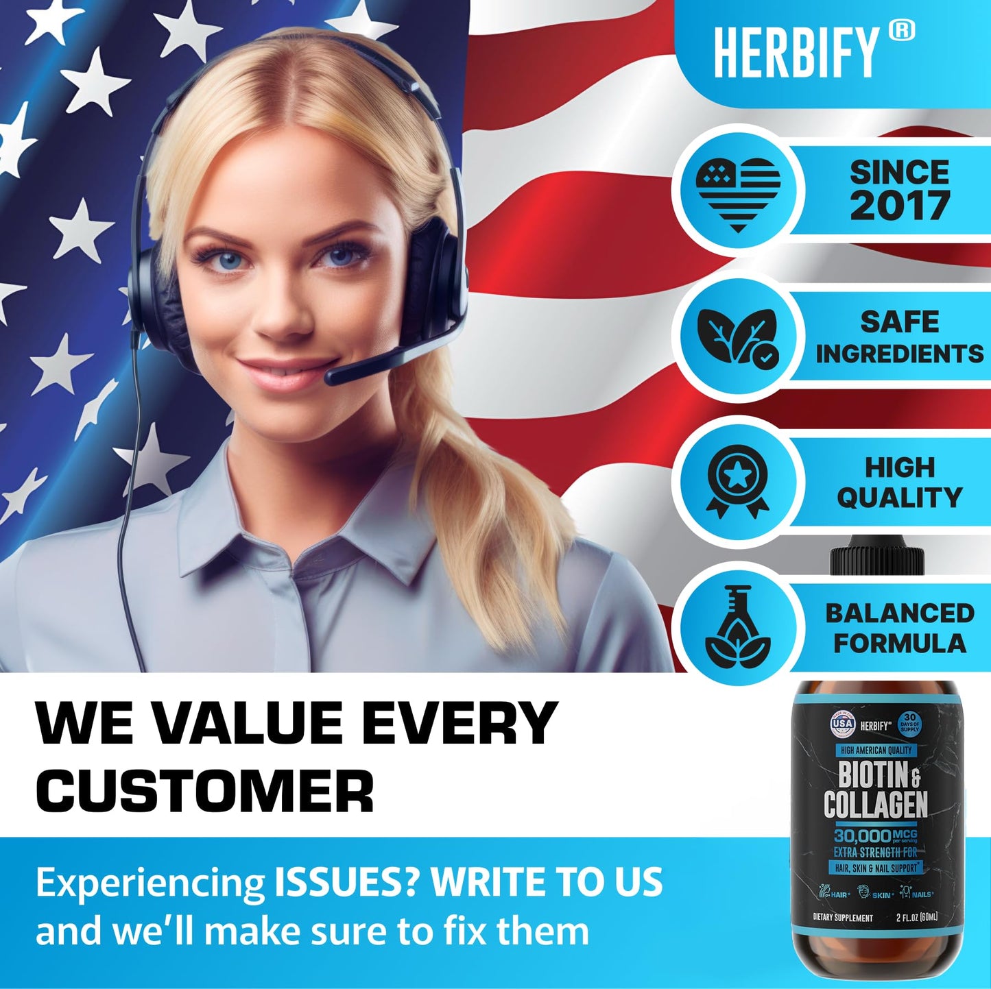 HERBIFY Liquid Biotin and Collagen Drops for Women & Men, 30 Days of Supply - Support Hair, Skin & Nails - Liquid Collagen for Women - 2 FL Oz Made in USA - PrimeBioHealth - canada supplements