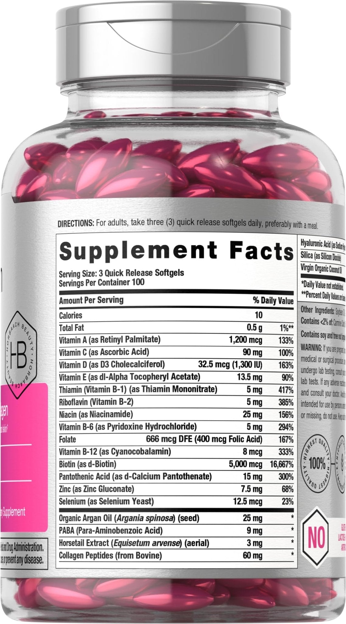Horbäach Hair Skin and Nails Vitamins | 300 Softgels | with Biotin and Collagen | Infused with Argan Oil and Coconut Oil - PrimeBioHealth - canada supplements