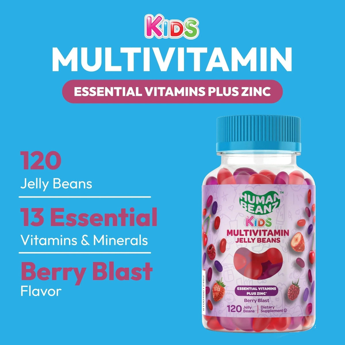 Human Beanz Multivitamin Jelly Bean Gummies with Zinc for Kids, Immune Support Dietary Supplements, Vegetarian, 120 Berry Blast Jelly Beans, Kosher - PrimeBioHealth - canada supplements