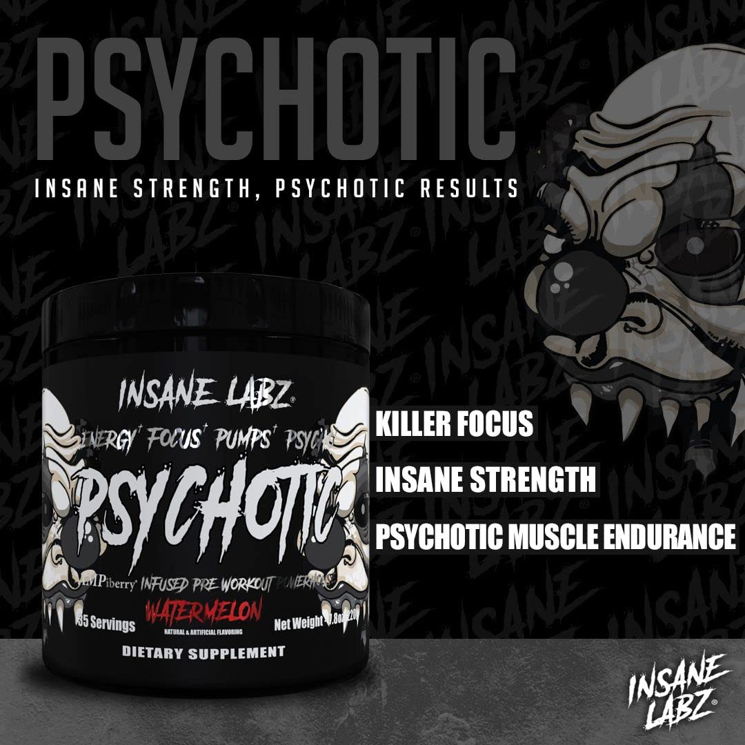 Insane Labz Psychotic Black Edition Mid Stimulant Pre Workout Powder, Energy Focus Pumps, Loaded with Creatine Beta Alanine Taurine Fueled by AMPiberry, 35 Servings (Blue Raspberry) - PrimeBioHealth - canada supplements