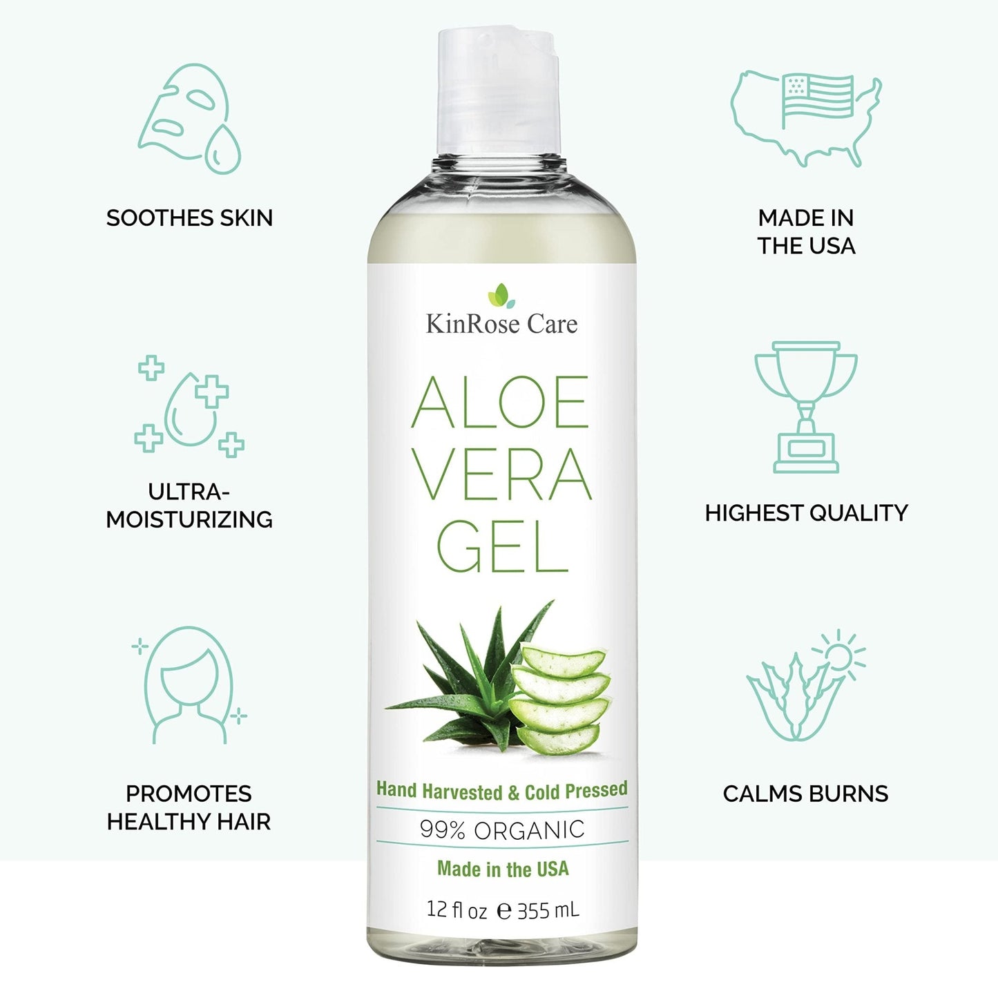 KinRose Care, 12oz Organic Aloe Vera Gel for Face, Skin, Hair & Sunburn Relief - From 100 Percent Pure Aloe Vera - PrimeBioHealth - canada supplements