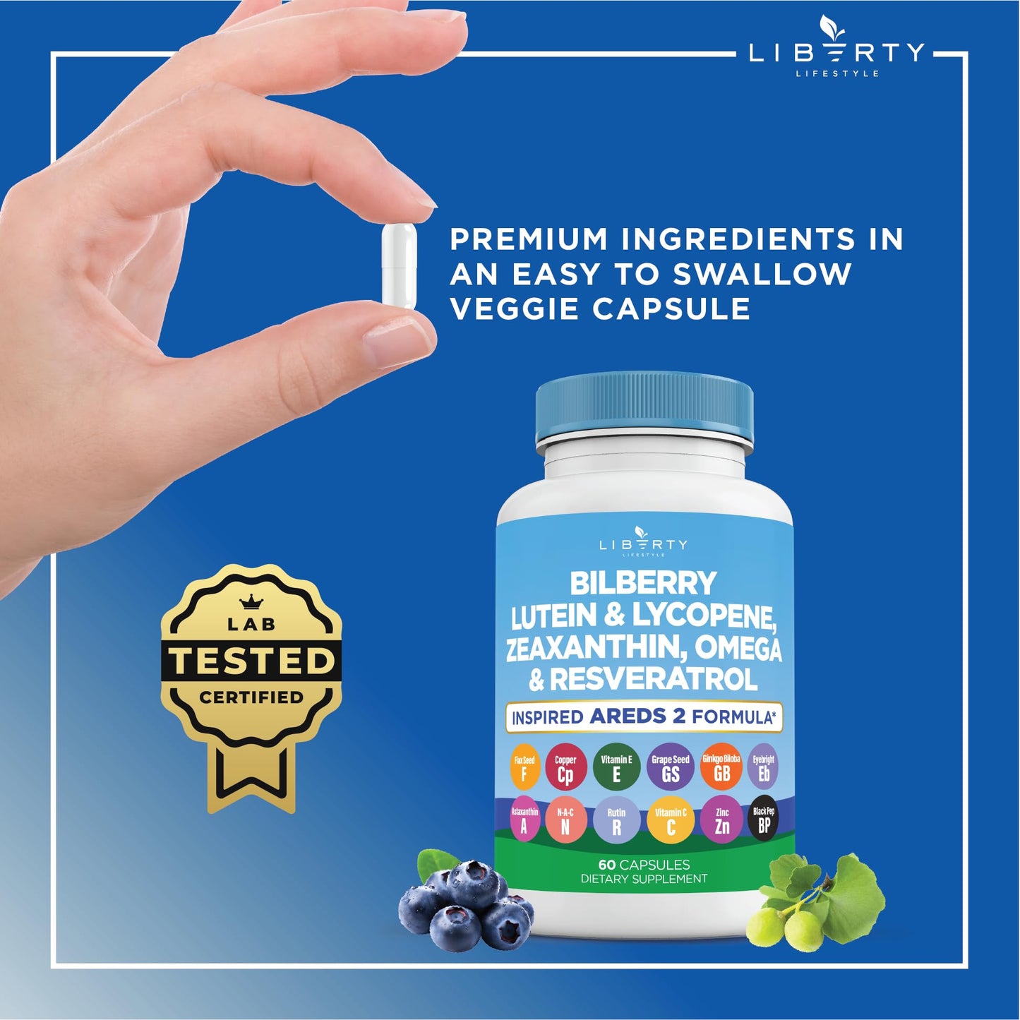 Liberty Lifestyle Eye Health Vitamins with Bilberry, Lutein & Zeaxanthin, Lycopene, Resveratrol, Grape Seed Extract Flaxseed Astaxanthin- AREDS 2-180 Capsules - PrimeBioHealth - canada supplements