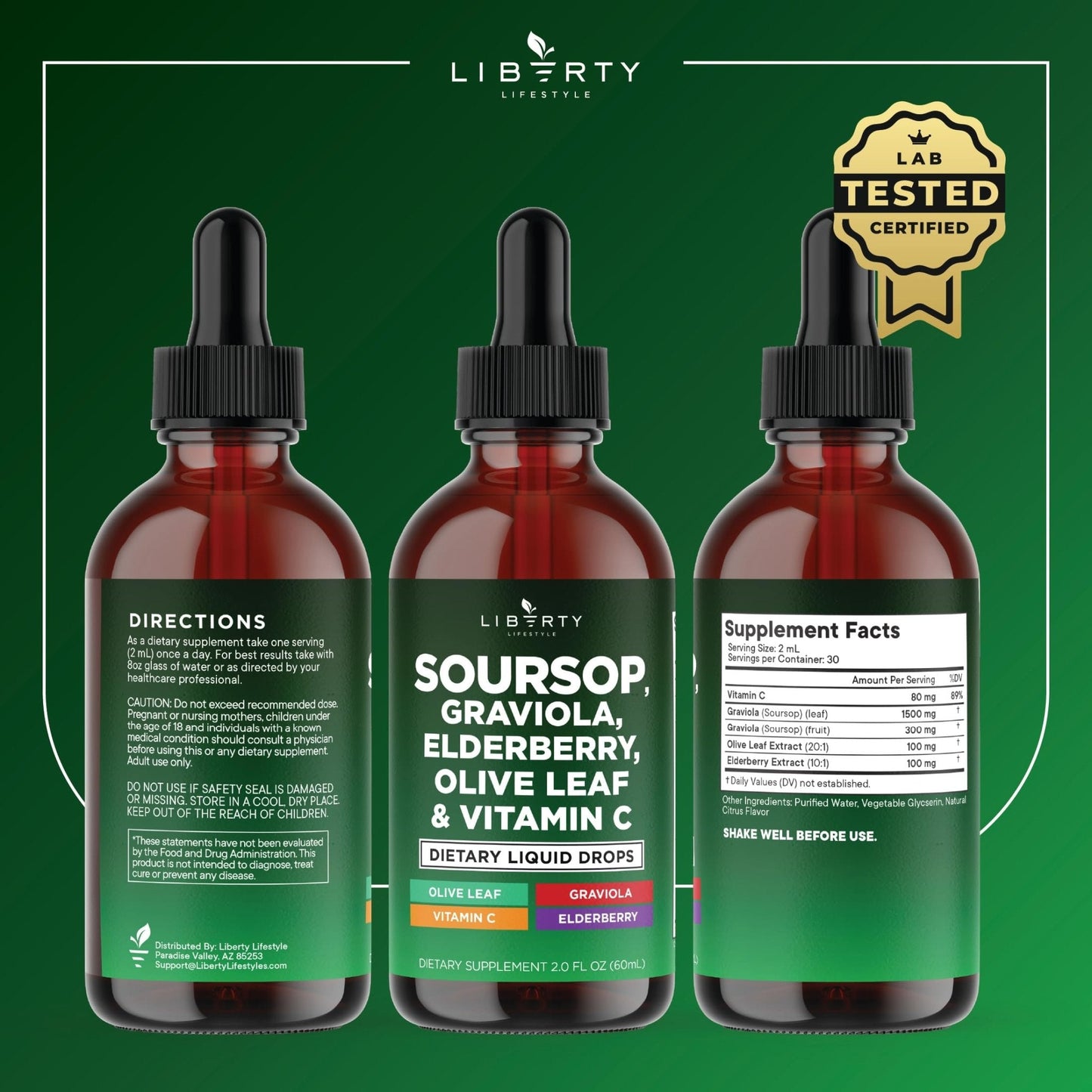Liberty Lifestyle Soursop Liquid with Soursop Fruit and Leaves, Elderberry, Vitamin C and Olive Leaf - Multimineral & Vitamins Superfood - 4 oz - PrimeBioHealth - canada supplements