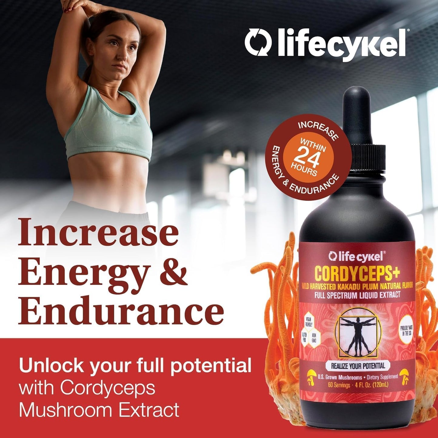 Life Cykel Cordyceps +Lion's Mane Extract Performance Pack - Organic Mushroom Supplement for Energy, Focus & Mental Clarity - USA Made, Pure & Potent Mushroom Liquid Drops for Adults - PrimeBioHealth - canada supplements