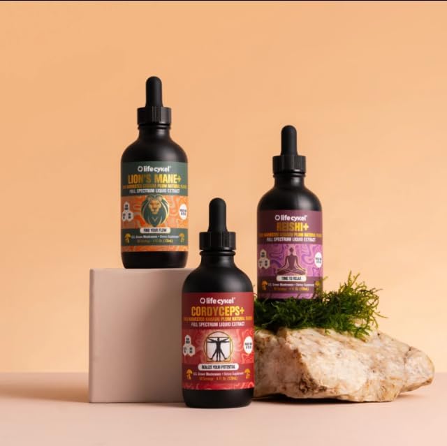 Life Cykel Professional Athletes Pack - Reishi, Lion's Mane & Cordyceps Mushroom Extract- Full-Spectrum Mushroom Tincture for Energy, Focus and Immune Health- Vegan, Non-GMO Formula - PrimeBioHealth - canada supplements