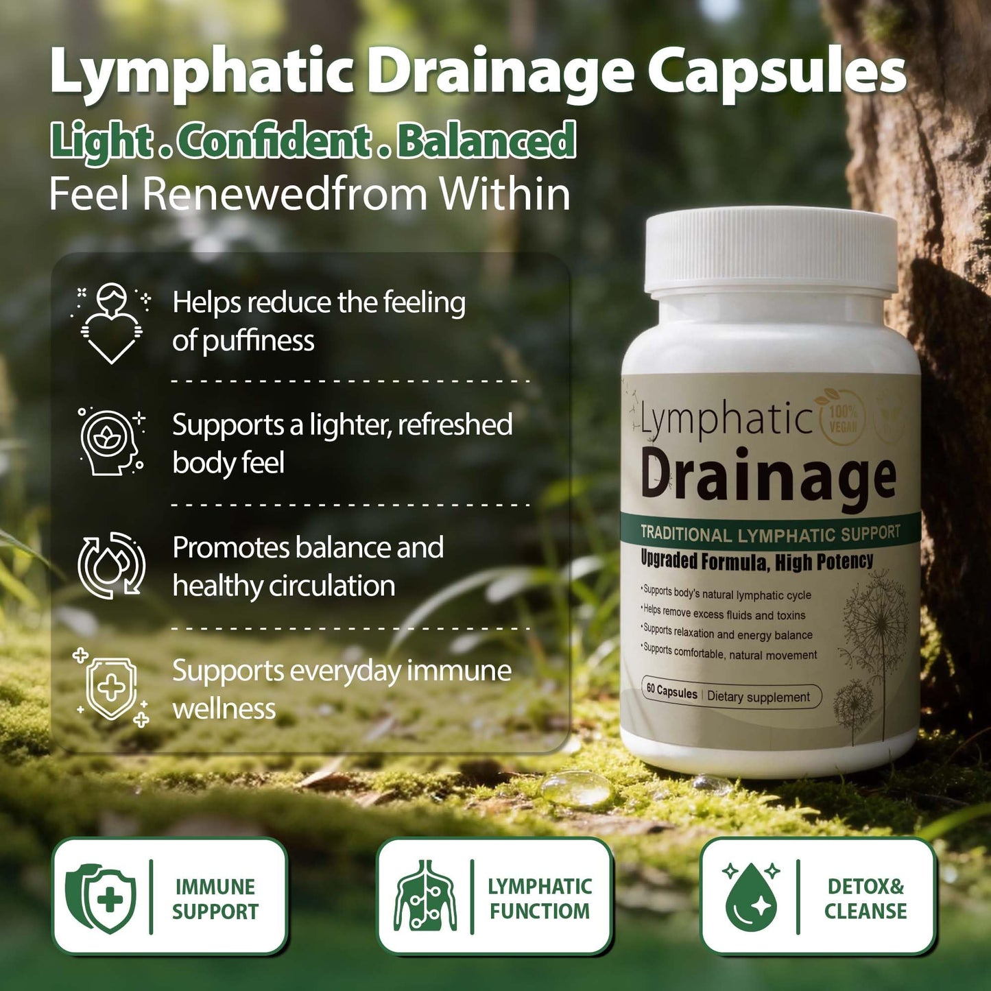 Lymphatic Drainage Capsules Natural Herbal Supplement for Immune Health & Fluid Balance, with Echinacea, Dandelion, and Burdock 60 Capsules - PrimeBioHealth - canada supplements