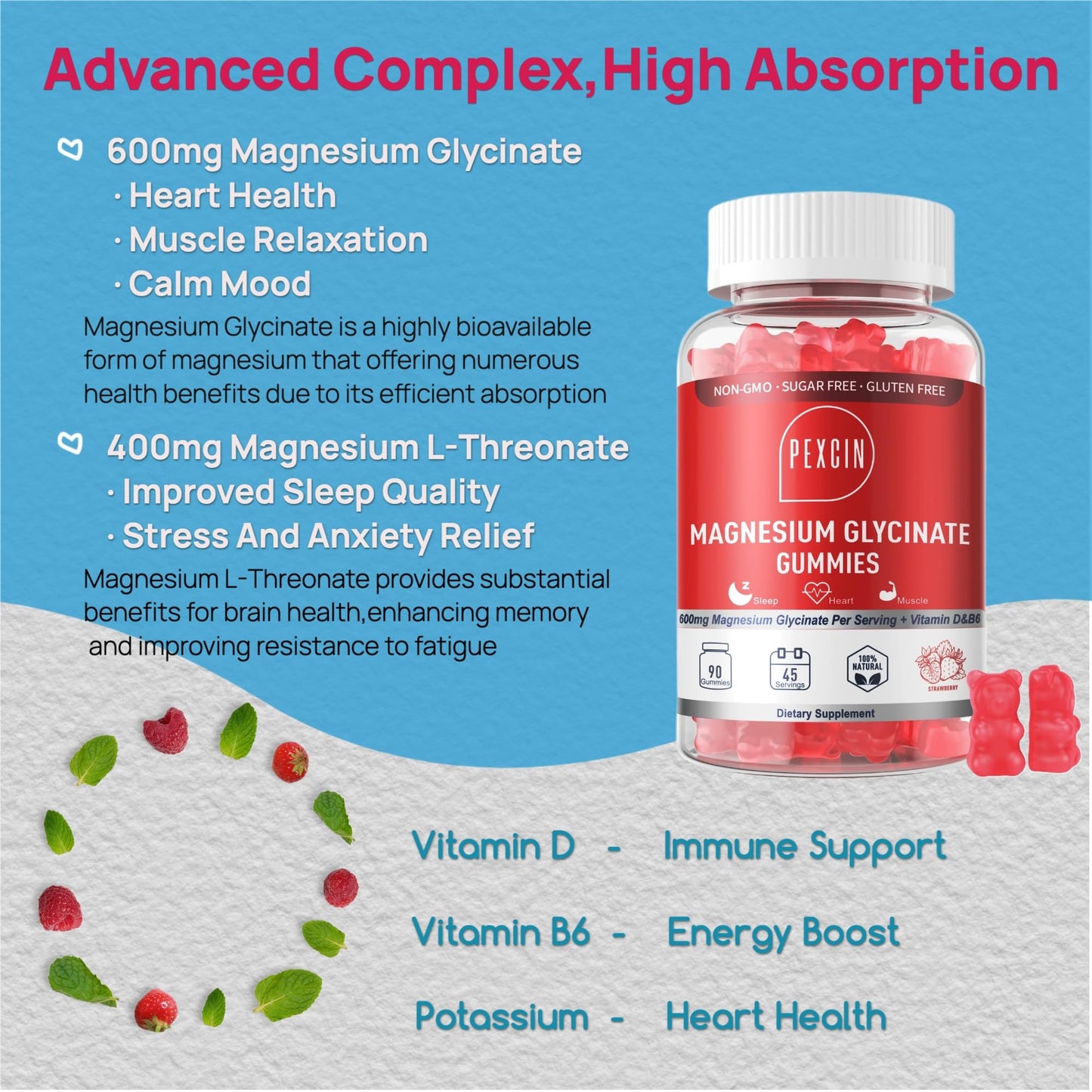 Magnesium Glycinate Gummies for Adults & Kids, 1000mg High Absorption Magnesium Complex Supplement, Sugar Free with Potassium,Vitamins for Calm, Sleep Supprt - PrimeBioHealth - canada supplements