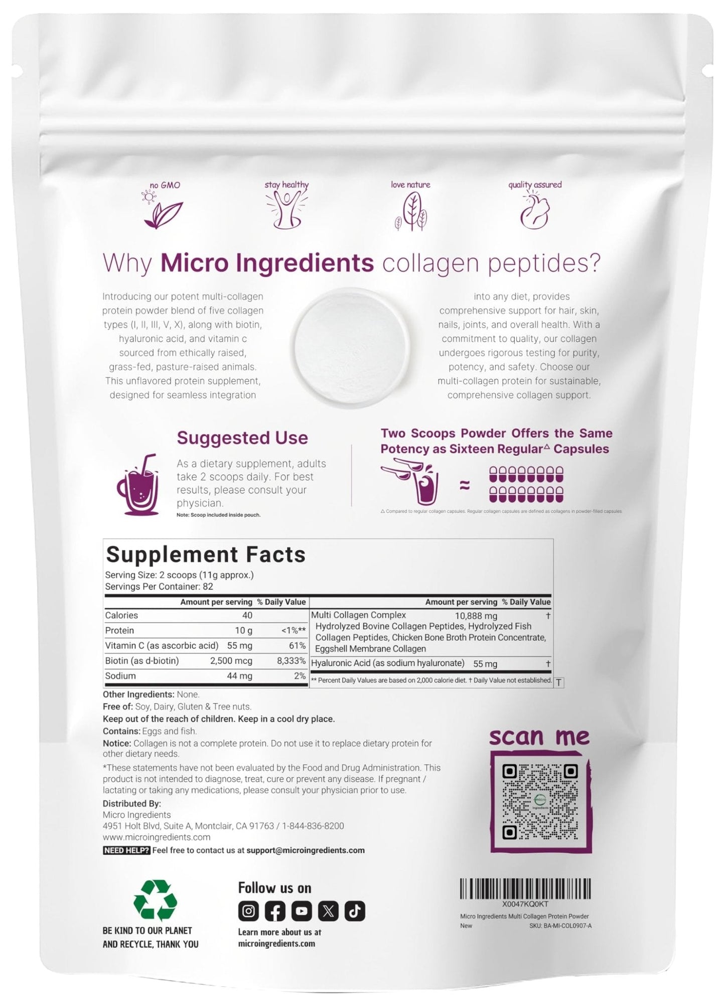 Micro Ingredients Multi Collagen Peptides Powder, 2lb – Hydrolyzed Type I,II,III,V,X with Biotin, Hyaluronic Acid, Vitamin C – Unflavored Collagen for Women & Men - PrimeBioHealth - canada supplements
