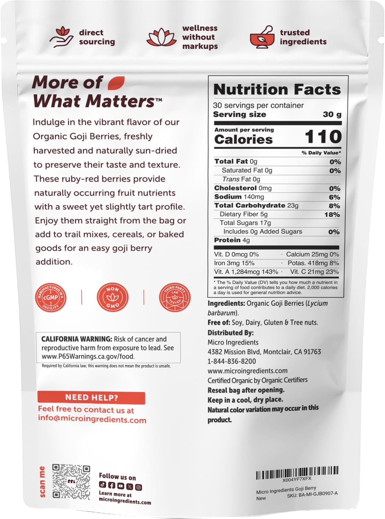 Micro Ingredients Organic Goji Berries 2lbs (32oz) | Large Whole Sun-Dried Berries | Raw Wolfberries | Natural Flavor for Trail Mix, Juice, & Tea | Sulfate Free, Vegan Friendly, Non-GMO - PrimeBioHealth - canada supplements