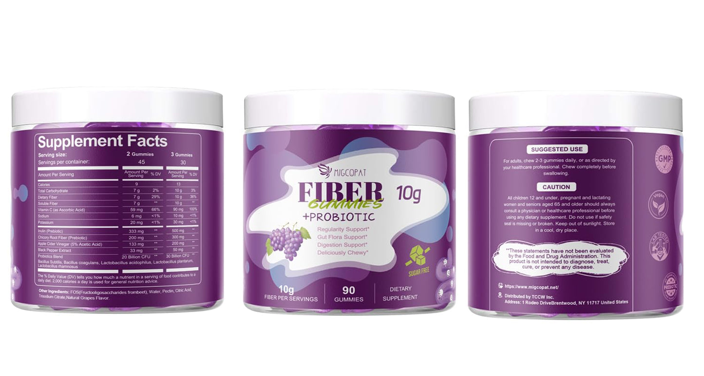 Migcopat 10G Fiber Gummies with 30 Billion CFU Probiotics, Grape Flavor, Bloating Support, Fiber Supplement with Vitamin C, - PrimeBioHealth - canada supplements