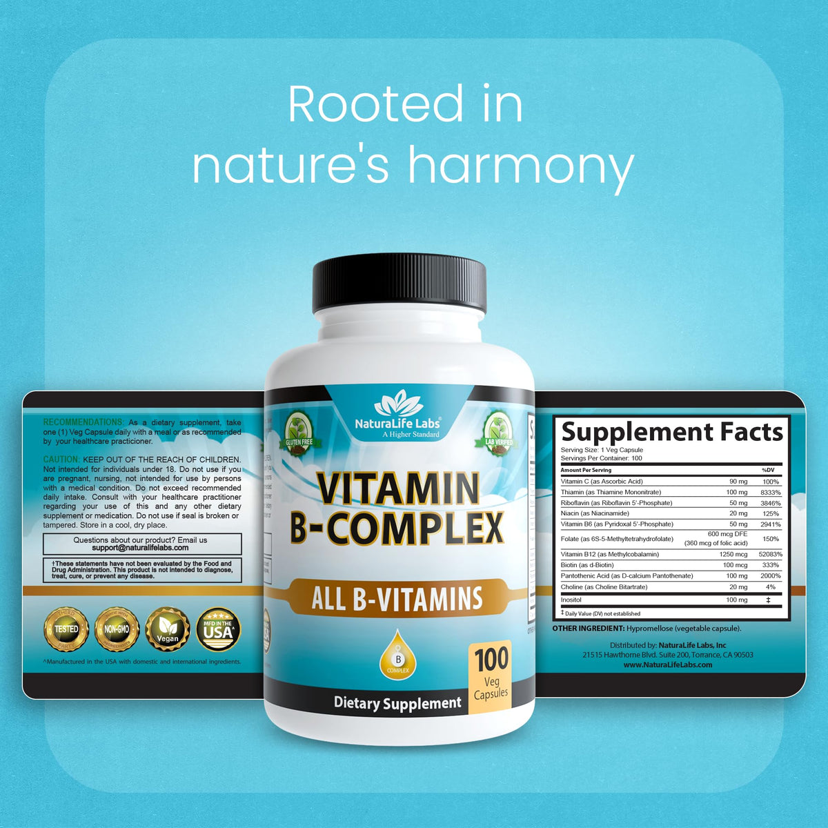NaturaLife Labs Vitamin B Complex – All B Vitamins Including Active B2, B6, B9 & B12 (Methylcobalamin), Plus B1, B3, B5, B7 & Vitamin C – 100 Capsules - PrimeBioHealth - canada supplements