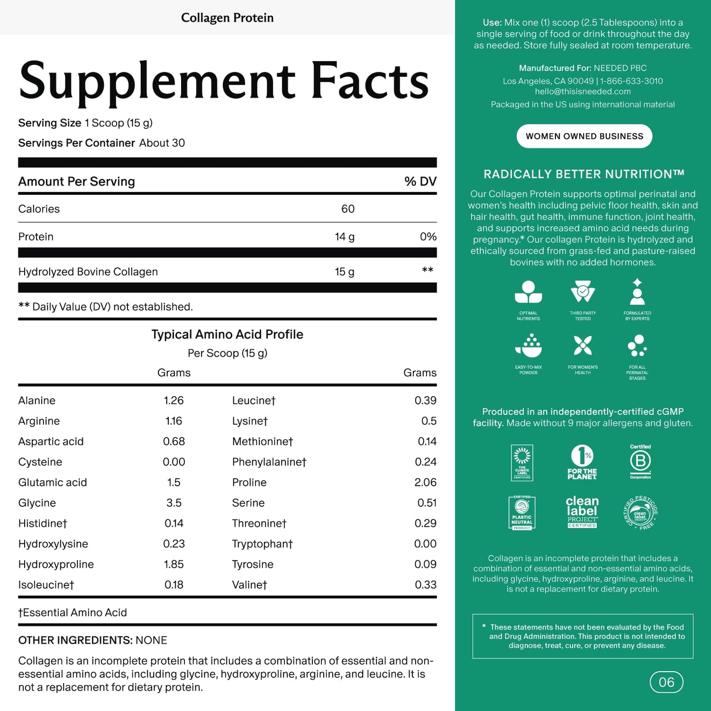 Needed. Hydrolyzed Collagen Protein Powder | Expert-Backed & Clean Sourced | Supports Skin, Hair, Joints | Grass-fed, Pasture-Raised, Hormone-Free | 1lb - PrimeBioHealth - canada supplements