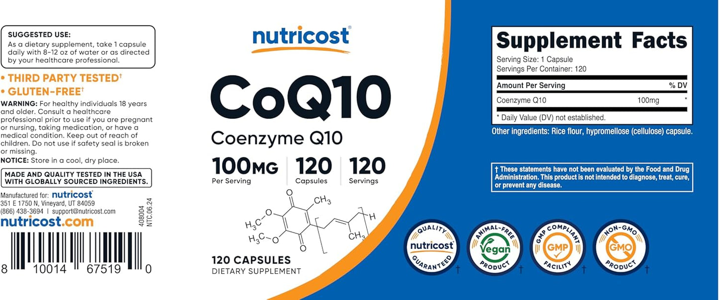 Nutricost CoQ10 100mg, 120 Vegetarian Capsules, 120 Servings - High Absorption, Vegetarian, Non-GMO, Coenzyme Q10 - PrimeBioHealth - canada supplements