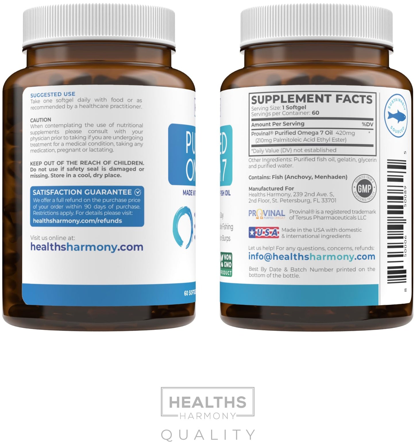 Omega 7 Supplement for Women and Men - High Potency & Purity Palmitoleic Acid Fatty Acid Fish Oil Supplement from Patented Provinal with Lowest Palmitic Acid - Sustainably Sourced (1 Month Supply) - PrimeBioHealth - canada supplements
