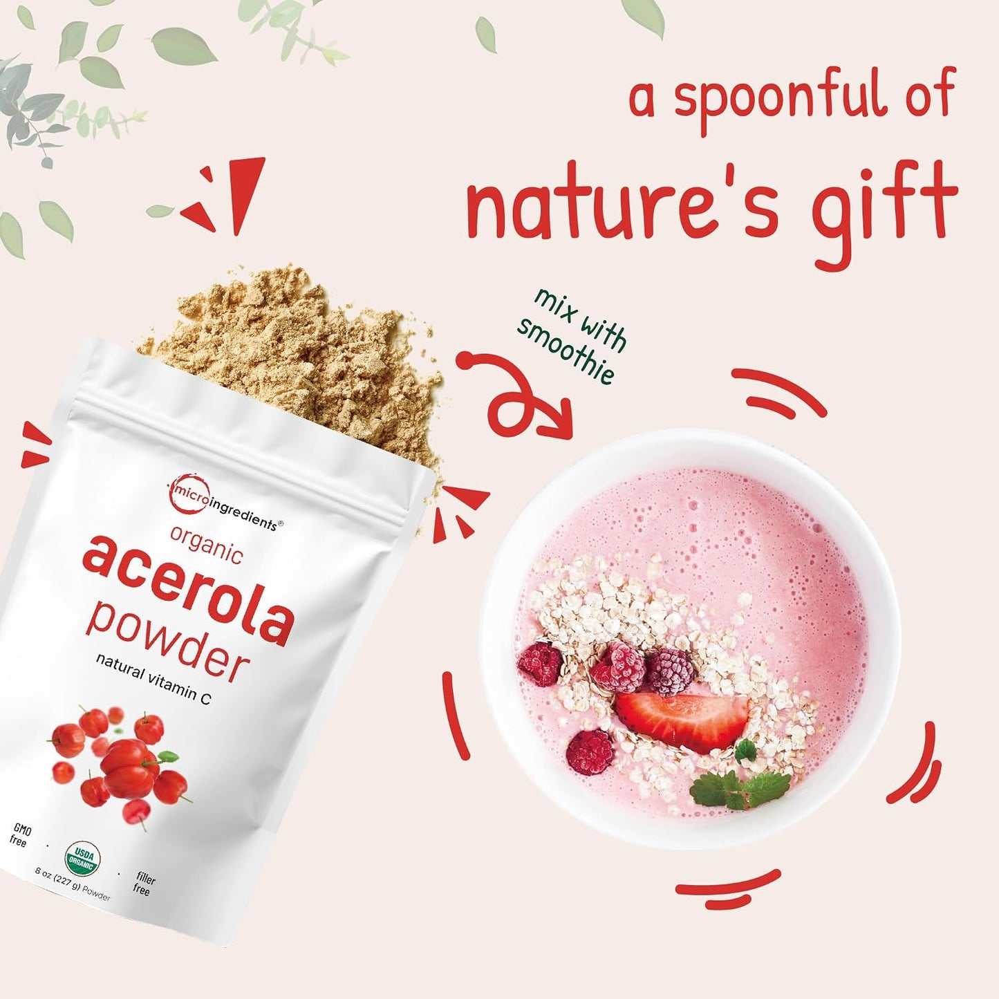 Organic Acerola Powder, 8oz | Natural Organic Vitamin C Superfood | No Sugar & Additives | Great Flavor for Drinks, Smoothie, & Beverages | Non-GMO & Vegan Friendly, Brazil Origin - PrimeBioHealth - canada supplements