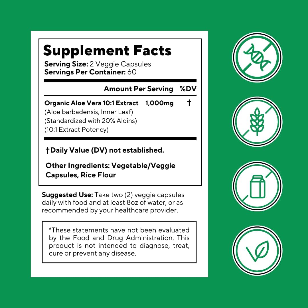 Organic Aloe Vera Capsules 20% Aloins Supplement - Pure Inner Leaf Gel Concentrate - Digestive, Gut Health, Skin, Immune Support - 120 Count - Non-GMO, Gluten-Free, Vegan - PrimeBioHealth - canada supplements